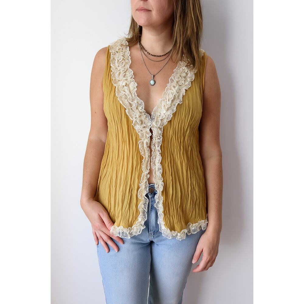 Pretty Angel L Silk Rayon Sheer Lace‎ Ruffle Crinkle Sleeveless Whimsygoth Top